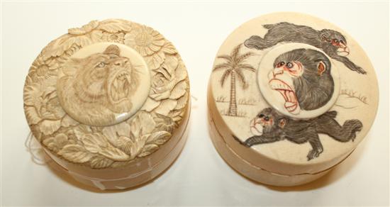 Two Japanese Meiji period circular ivory boxes & covers (a.f)